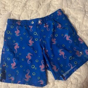 Blue Seahorse Print Swim Trunks
